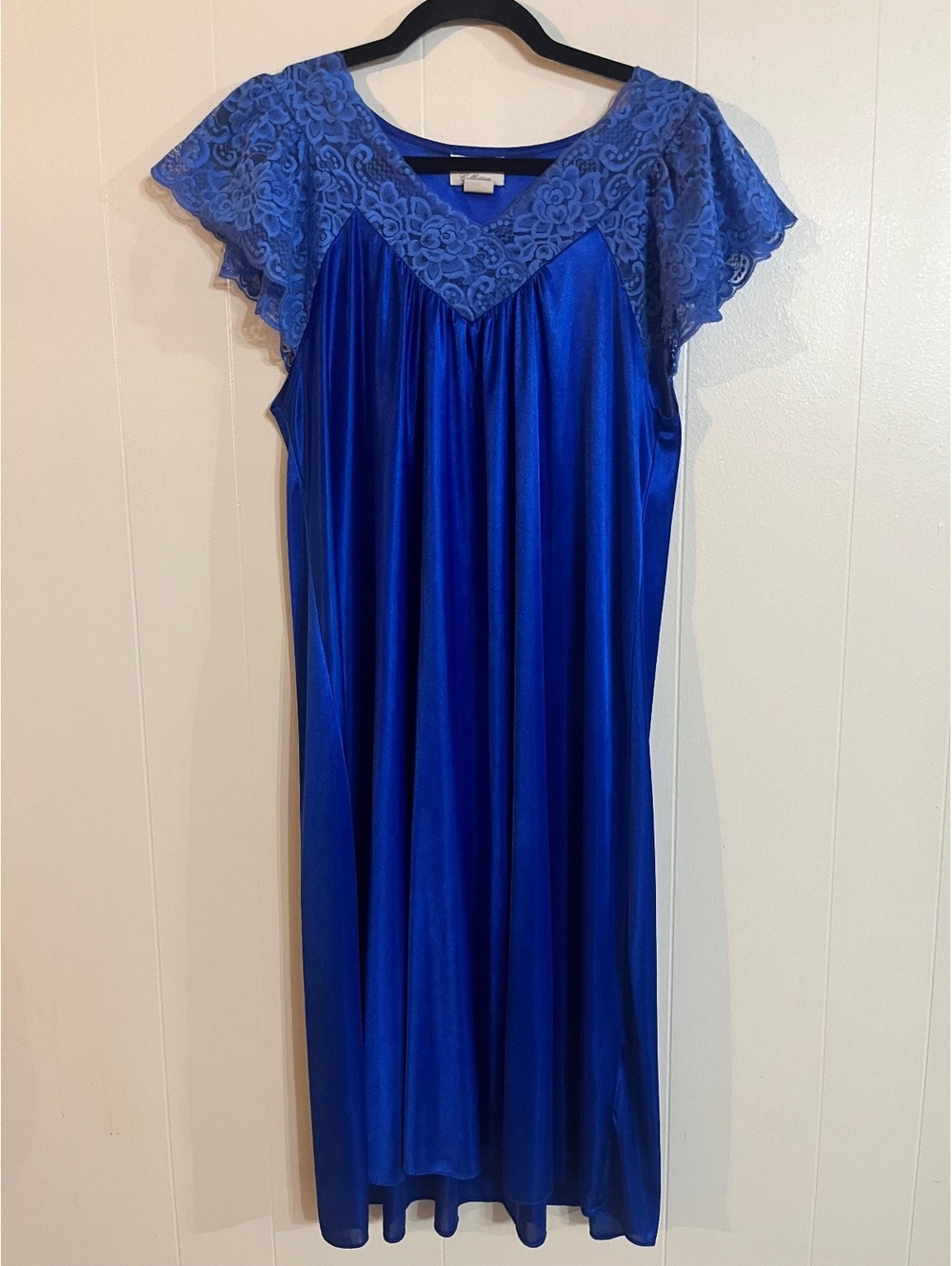 Vintage Lati Fashion Intimates Blue Satin Nightgown with Lace Sleeves
